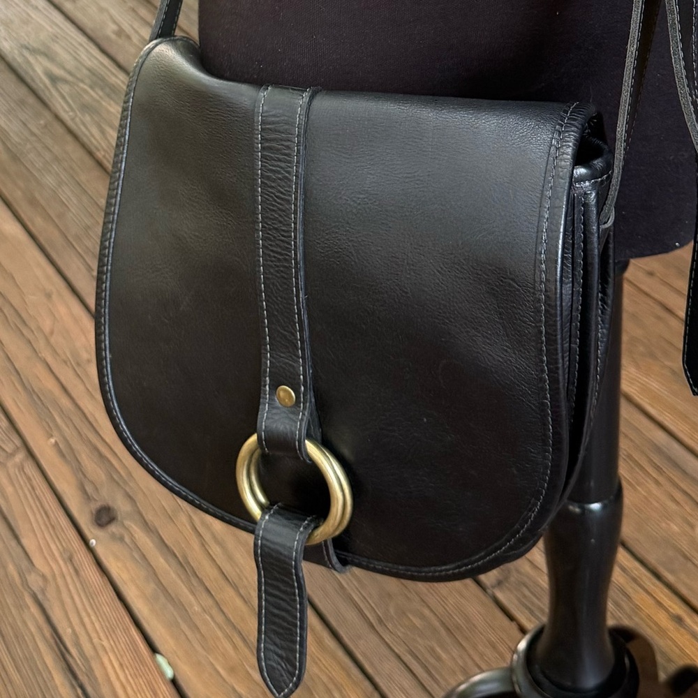 Black Leather Crossbody Bag with Brass Ring Accent